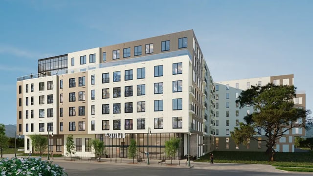 Modern student housing building exterior with balconies exterior at The Sinclair in Austin Student Accommodation