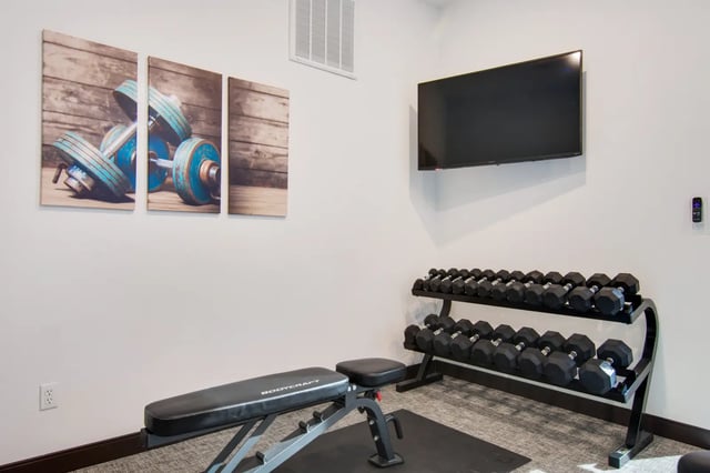 Dumbbell rack bench TV art living room at 800 South in Springfield Student Accommodation