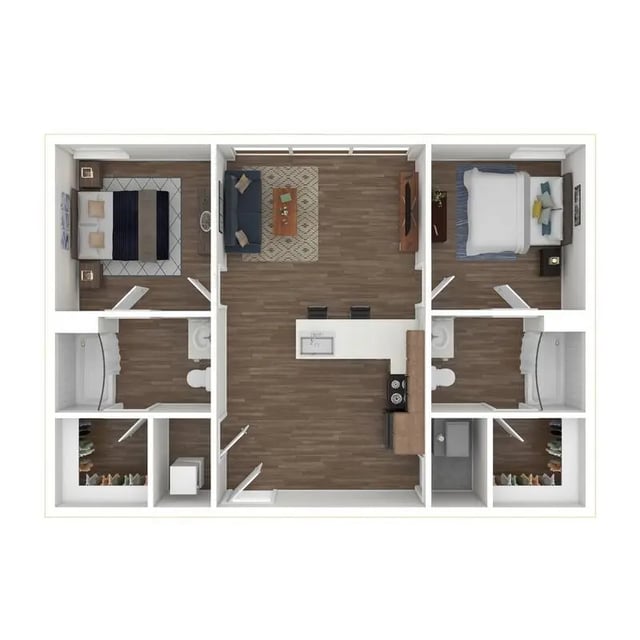 Two bedrooms living room kitchen bathrooms floor plan at 800 South in Springfield Student Accommodation