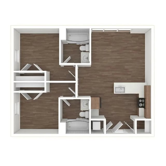 Floor plan with two bathrooms and kitchen living area at 800 South in Springfield Student Accommodation