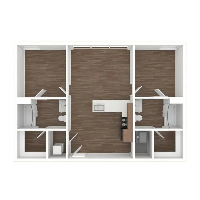 Two bedrooms kitchen and bathroom floor plan at 800 South in Springfield Student Accommodation