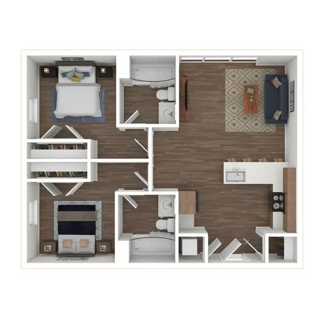 Two bedrooms living area kitchen bathroom floor plan at 800 South in Springfield Student Accommodation