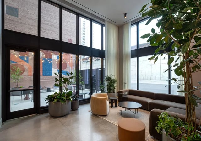 Sofa armchair coffee table potted plants living room at Straits Row in Chicago Student Accommodation