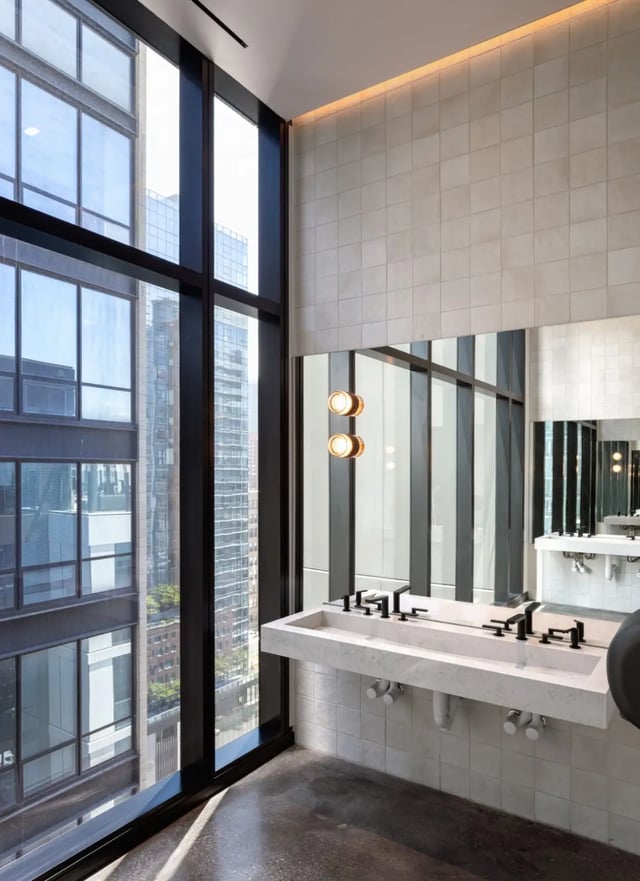 Double sink vanity with large window view bathroom at Straits Row in Chicago Student Accommodation