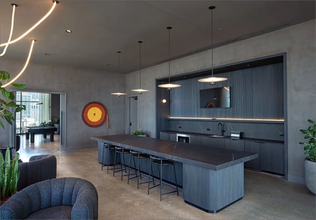 Island seating kitchen and billiards table area at Straits Row in Chicago Student Accommodation