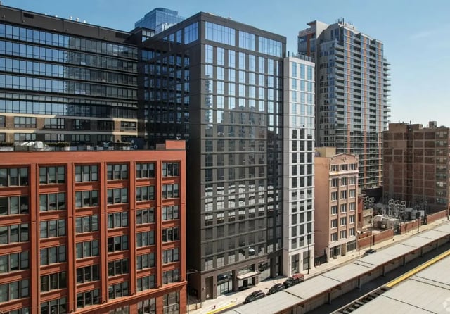 Modern buildings with glass facades exterior at Straits Row in Chicago Student Accommodation
