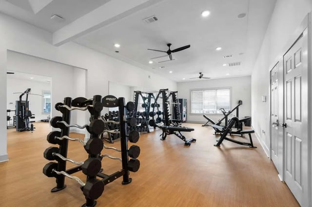 Weights racks and benches gymnasium image at Astoria in Denton Student Accommodation