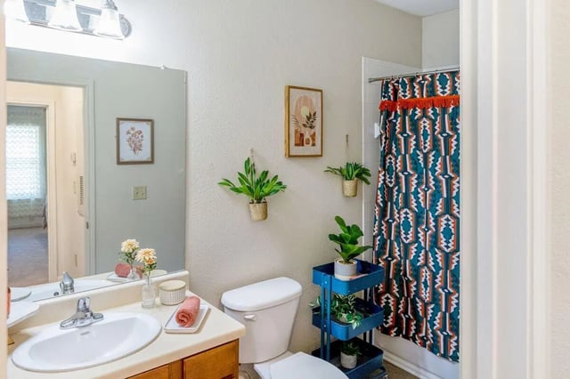 Sink plants toilet patterned shower curtain bathroom at The Bluff at Waterworks Landing in Tuscaloosa Student Accommodation