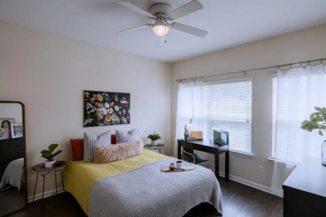 Bed ceiling fan desk chair artwork bedroom at Athens Ridge in Athens Student Accommodation