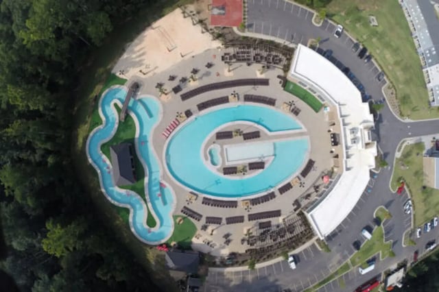 Pool lazy river and lounge chairs exterior at Athens Ridge in Athens Student Accommodation