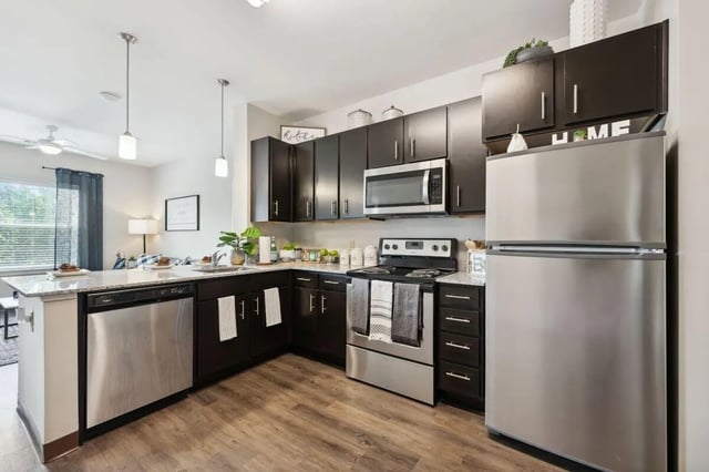 Stainless steel appliances dark cabinets granite countertops kitchen at The Valley Apartments & Townhomes in State College Student Accommodation