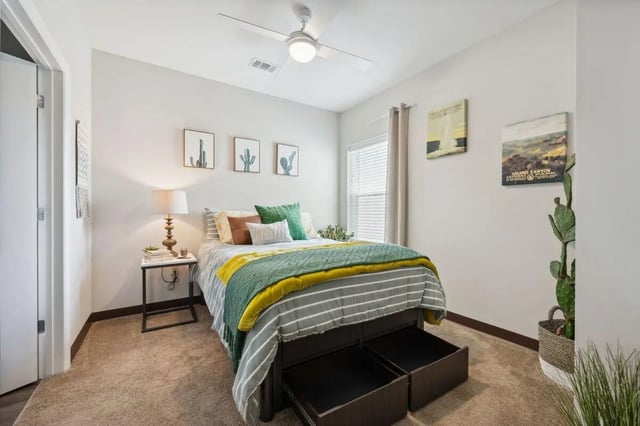 Bed with storage drawers and cactus decor Bedroom at The Valley Apartments & Townhomes in State College Student Accommodation