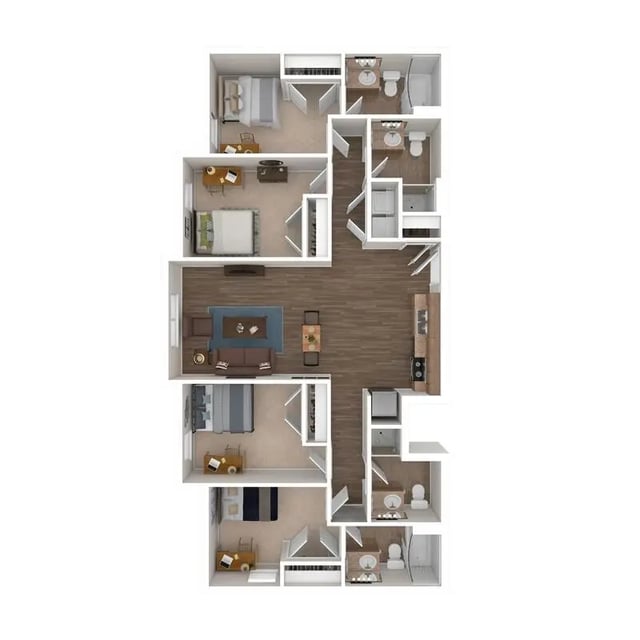 Floor plan with four bedrooms and bathrooms floor plan at The Jefferson Apartments in Springfield Student Accommodation