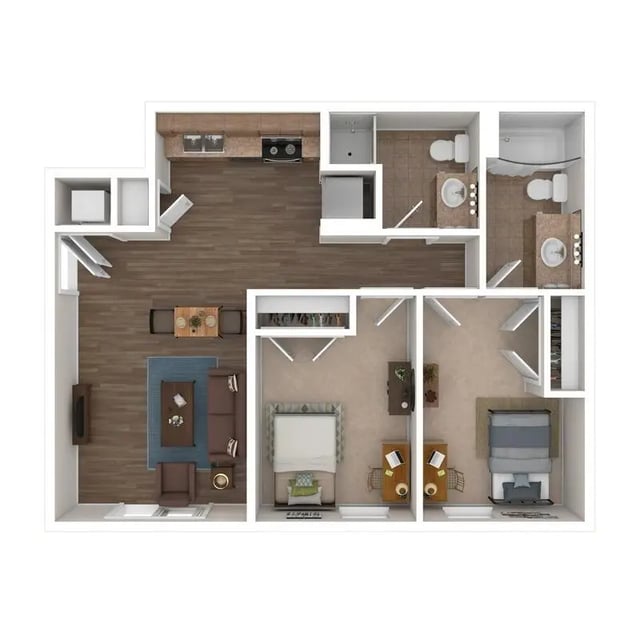 Two bedrooms living room kitchen and bathrooms floor plan at The Jefferson Apartments in Springfield Student Accommodation
