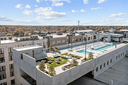 Rooftop pool lounge area exterior. at The Jolly Roger in Greenville Student Accommodation
