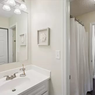 Sink mirror and shower curtain bathroom at Eighteen18 at Southern in Statesboro Student Accommodation