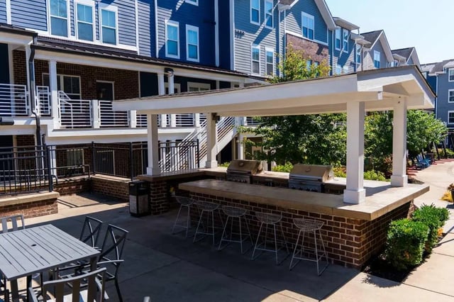 Two grills bar stools outdoor kitchen exterior at The Dillon in Bloomington Student Accommodation
