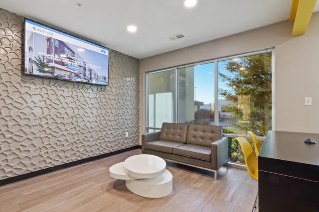 Sofa television white coffee table common area at Deep Elm, Elevate Student Living in Springfield Student Accommodation