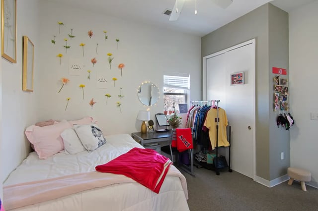 Bed desk clothes rack and closet bedroom at Deep Elm, Elevate Student Living in Springfield Student Accommodation