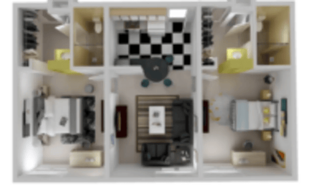 Student accommodation with beds living area kitchen bathroom layout at Century Towers Apartments in Kansas City Student Accommodation
