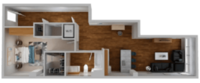 Bedroom with bed desk wardrobe and living room Image Type at Century Towers Apartments in Kansas City Student Accommodation
