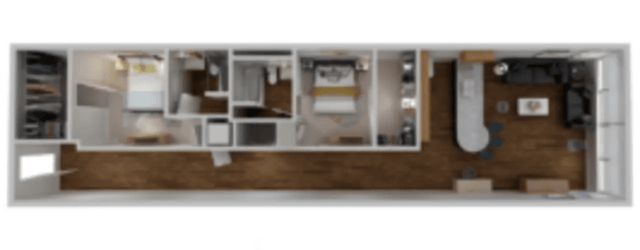 Two bedrooms kitchen living room floor plan at Century Towers Apartments in Kansas City Student Accommodation