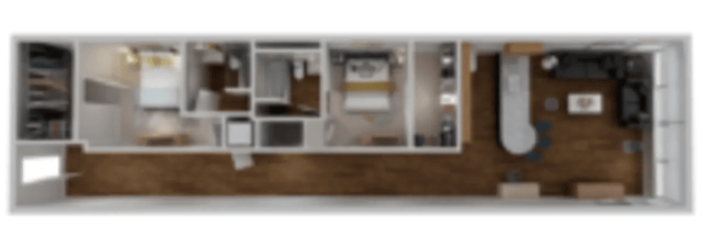 Beds wardrobes and kitchen with living area floor plan at Century Towers Apartments in Kansas City Student Accommodation
