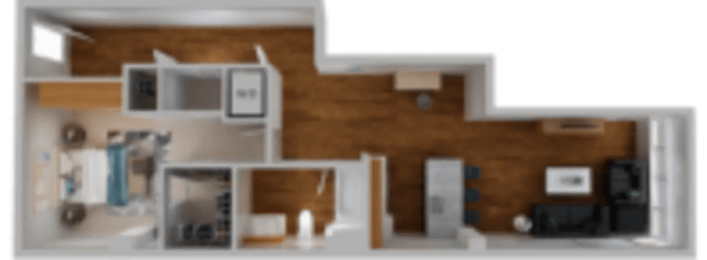 Bed study area living room kitchen exterior at Century Towers Apartments in Kansas City Student Accommodation