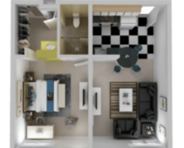 Bedroom, bathroom, kitchen, living area layout at Century Towers Apartments in Kansas City Student Accommodation