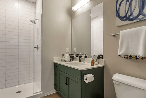 Shower vanity and toilet bathroom at Uncommon Auburn in Auburn Student Accommodation