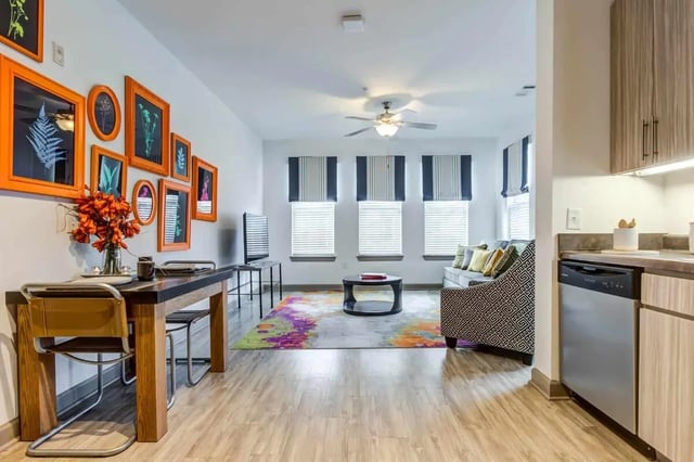 Dining table couch rug dishwasher living room kitchen at The Boundary At West End in Greenville Student Accommodation