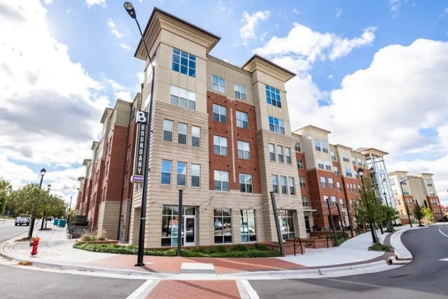 Boundary building with brick and stone exterior exterior at The Boundary At West End in Greenville Student Accommodation