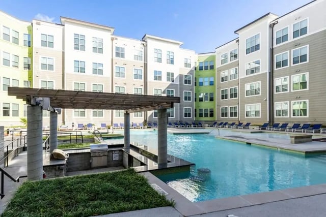 Outdoor pool area with grilling station exterior at The Boundary At West End in Greenville Student Accommodation