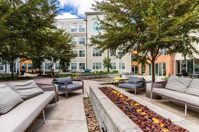 Outdoor seating area with fire pit and couches exterior at The Boundary At West End in Greenville Student Accommodation