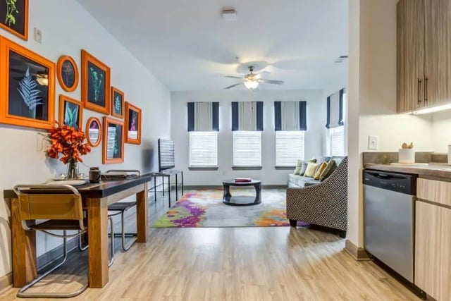 Dining table sofa and artwork living area at The Boundary At West End in Greenville Student Accommodation
