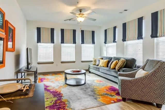 Sofa chairs coffee table TV rug living room at The Boundary At West End in Greenville Student Accommodation
