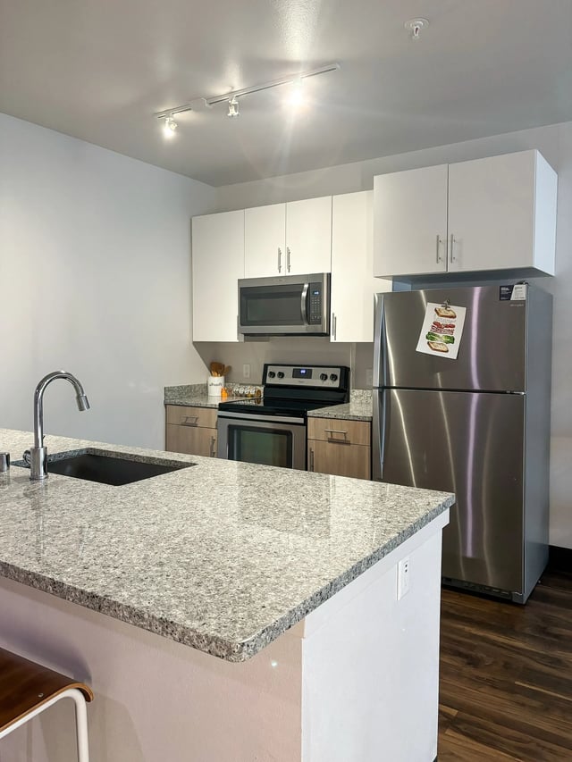 Modern kitchen island stainless steel appliances and cabinets kitchen at Fifteen51 in Reno Student Accommodation