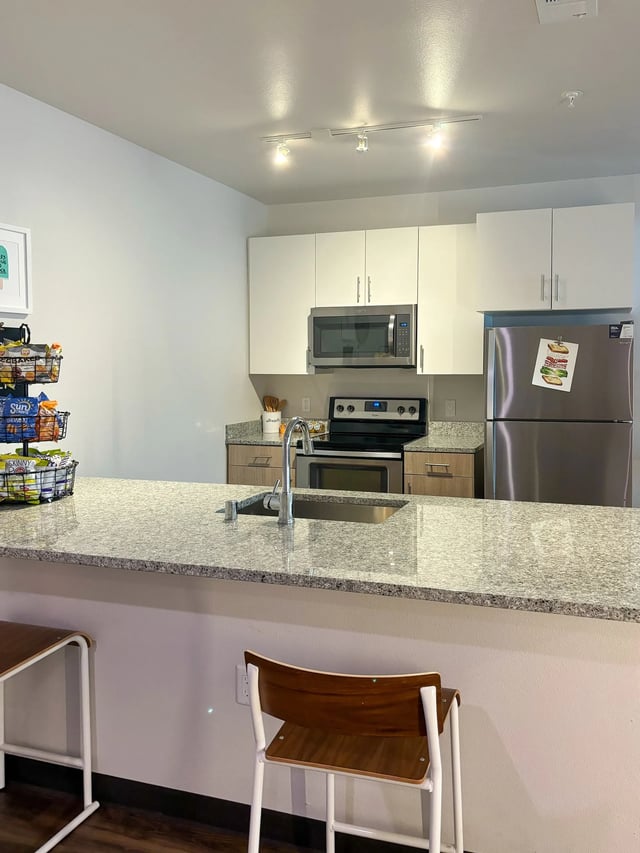 Kitchen with counter chairs stainless steel appliances and snacks at Fifteen51 in Reno Student Accommodation