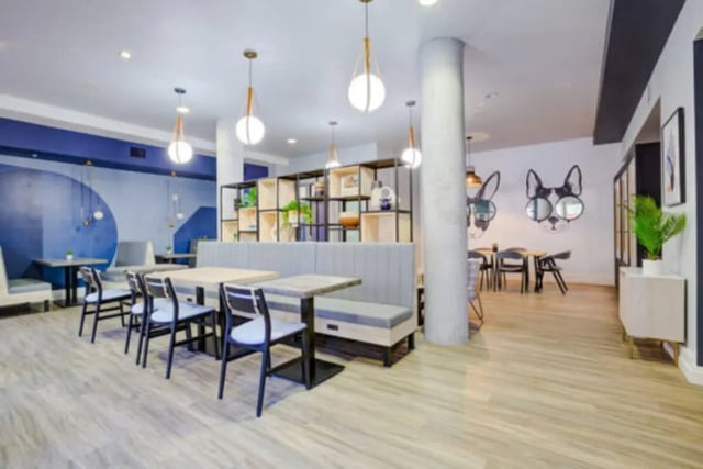 Dining tables and chairs with blue wall decor communal area at The District on 5th in Tucson Student Accommodation