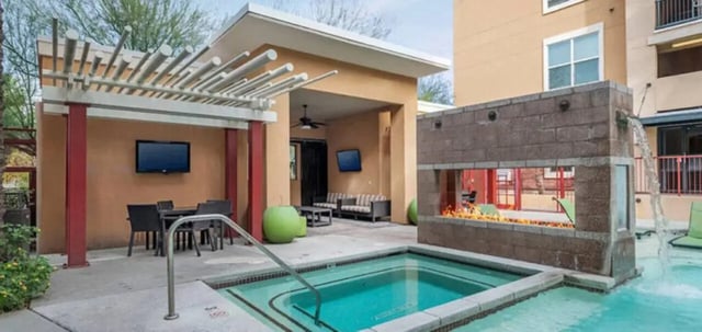 Outdoor hot tub fire pit seating and patio exterior at The District on 5th in Tucson Student Accommodation