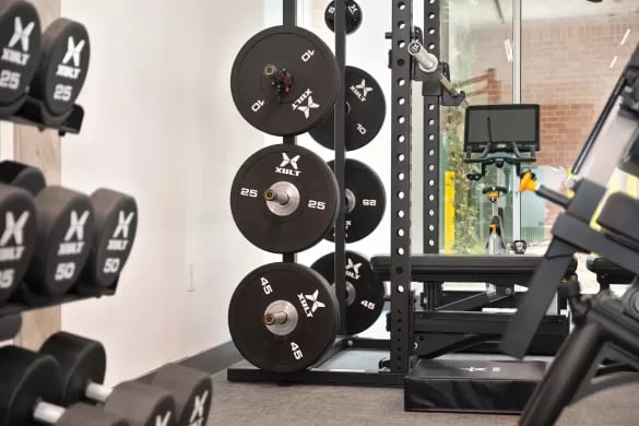 Dumbbells and weight plates in gym Fitness Area at ANOVA Aggie Square in Sacramento Student Accommodation