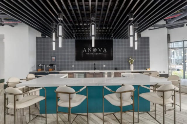 Kitchen island with stools and counter space Kitchen at ANOVA uCity Square in Philadelphia Student Accommodation