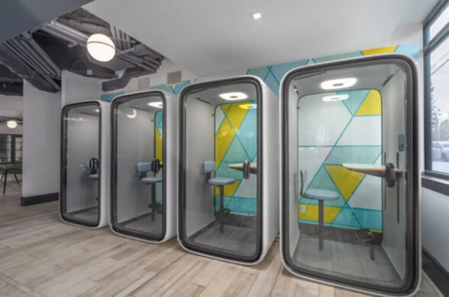 Study pods with chairs and tables study area at ANOVA uCity Square in Philadelphia Student Accommodation