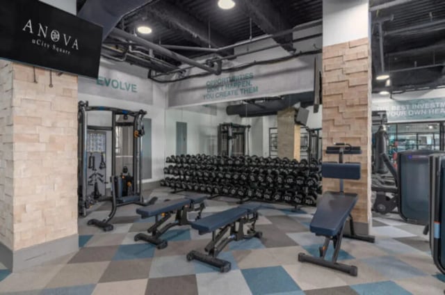 Gym equipment weight racks and benches gym at ANOVA uCity Square in Philadelphia Student Accommodation