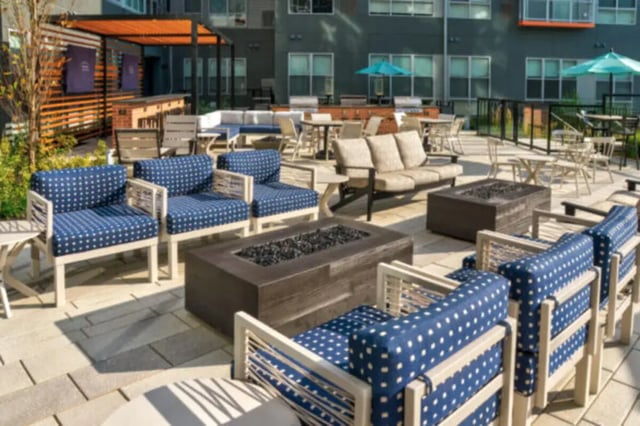 Blue dotted chairs fire pits sofas outdoor living area at ANOVA uCity Square in Philadelphia Student Accommodation
