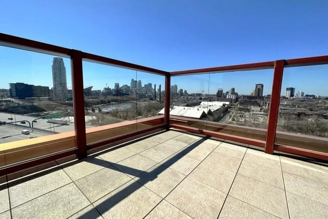 Tiled balcony with city view balcony at The Bridges Dinkytown in Minneapolis Student Accommodation