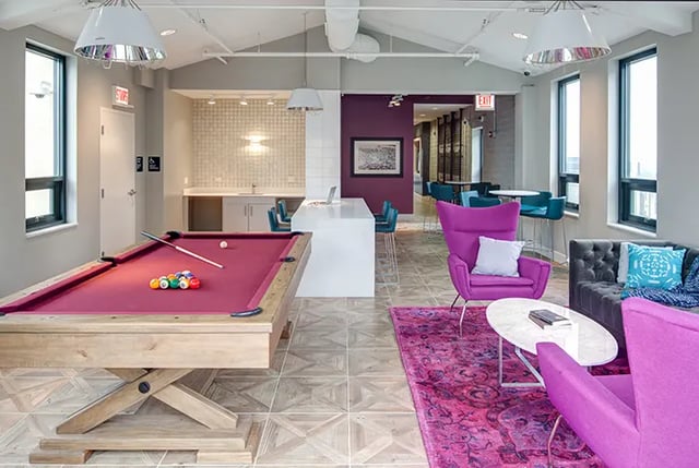 Billiard table bar seating and lounge area lounge at Arc at Old Colony in Chicago Student Accommodation
