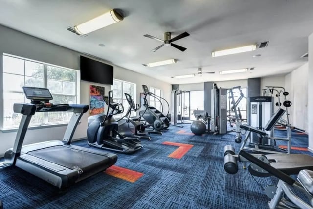 Treadmill ellipticals weight machines exercise equipment fitness area at High View in San Antonio Student Accommodation