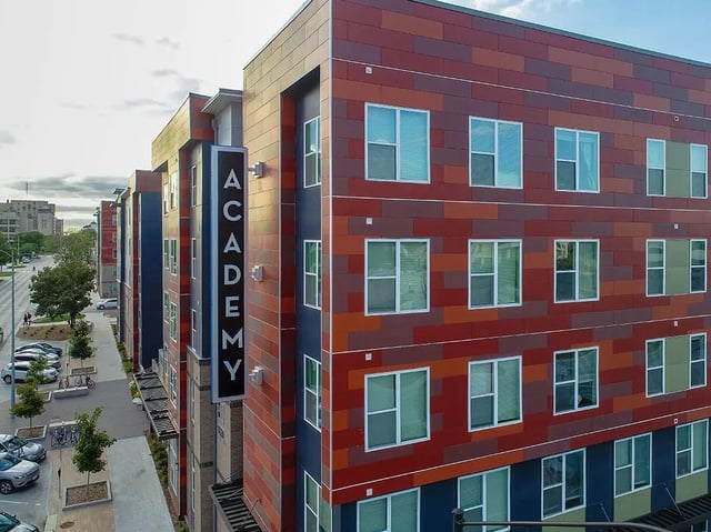 Academy building exterior with many windows exterior at Academy in Lincoln Student Accommodation