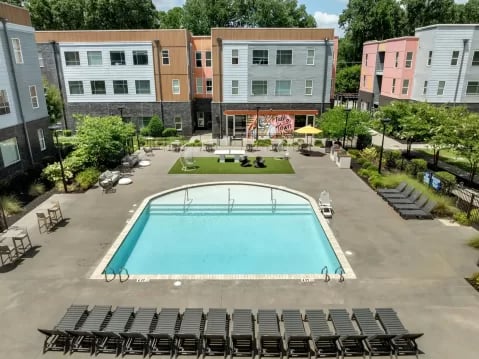 Apartment complex pool lounge area exterior at GrandMarc Clemson in Clemson Student Accommodation
